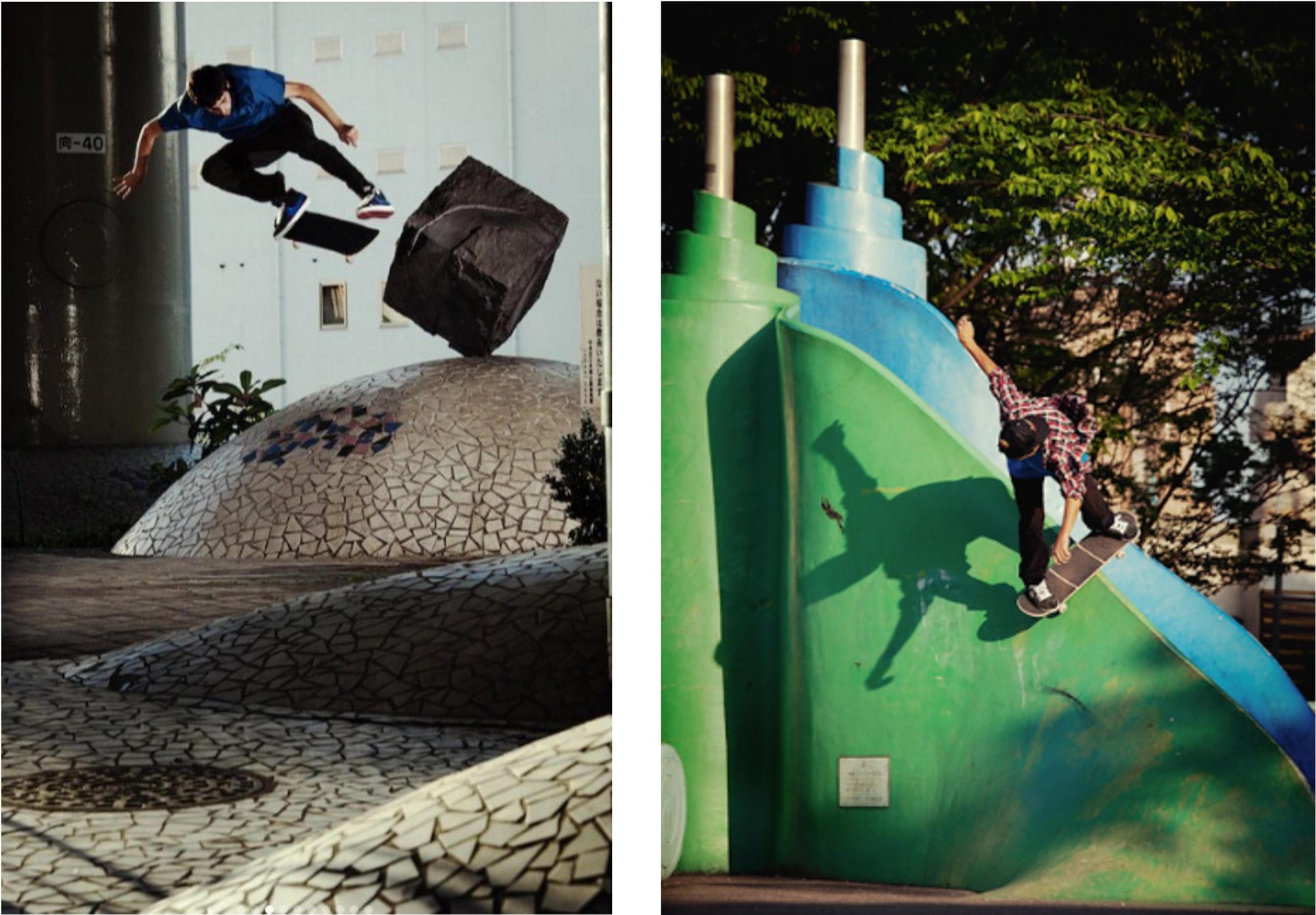 Díptico de dos fotos de skate en estructuras de concreto