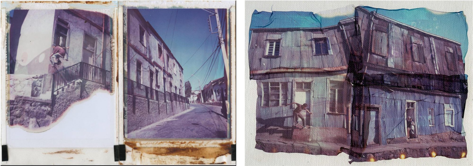Dos polaroids de un cerro con casas coloridas y una calle empinada